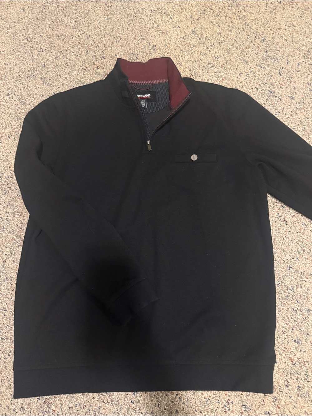 Kirkland Signature Black Crewneck Sweater with Maroon Collar Trim